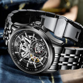 Mark Fairwhale THALIX Obsidian Core – Black semi-skeleton automatic watch for men with stainless steel case and butterfly clasp