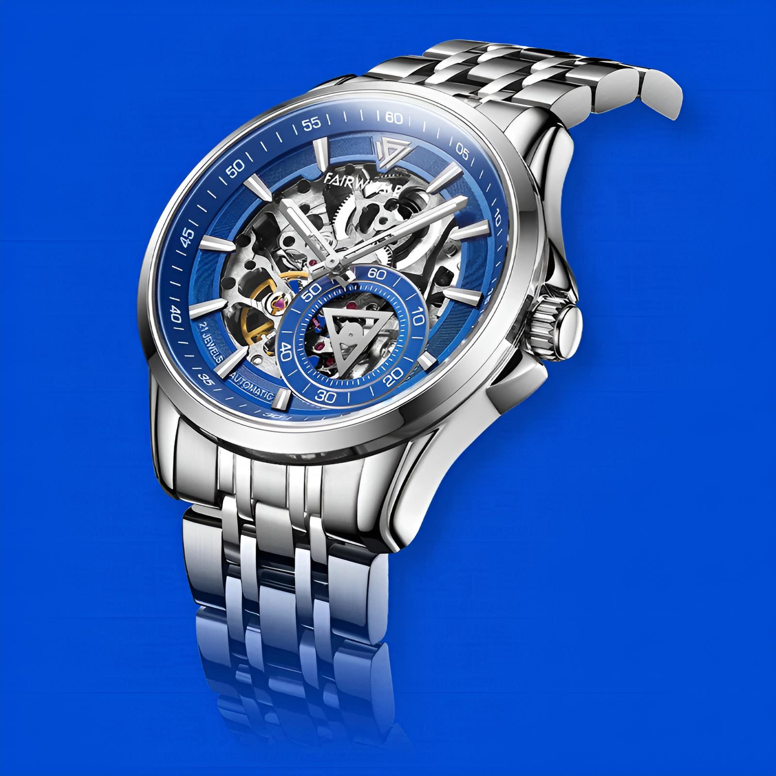 Mark Fairwhale THALIX Skyward Steel – Silver-tone skeleton dial watch with reflective finish and comfortable butterfly clasp