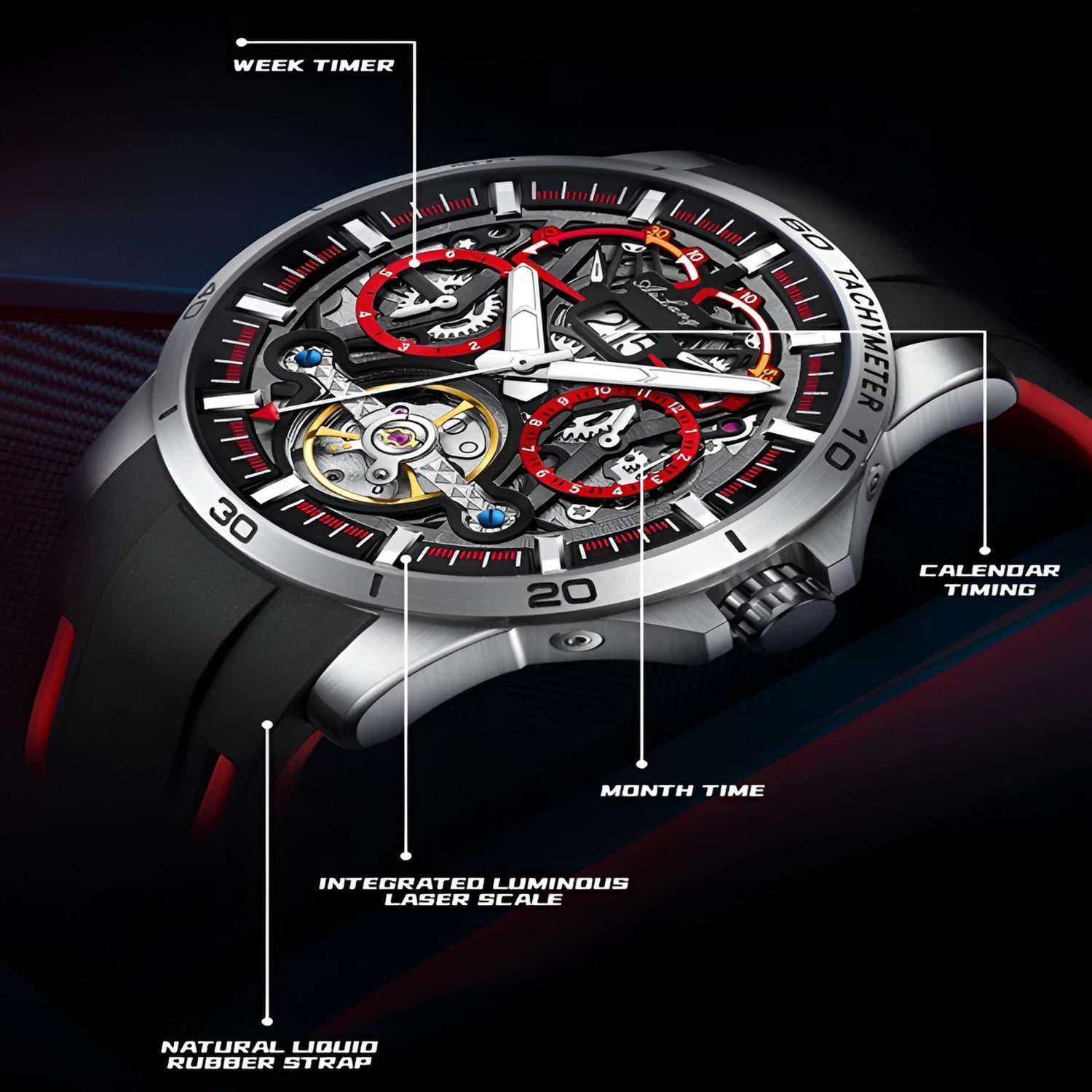 Mark Fairwhale THERION Crimson Pulse – Red-accent automatic watch for men with calendar display and luminous hands
