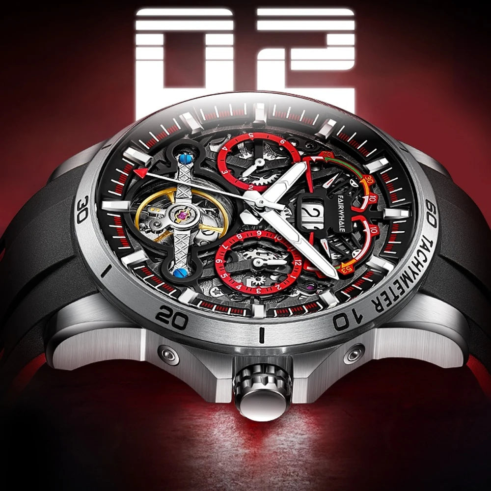 Mark Fairwhale THERION Crimson Pulse – Red-accent automatic watch for men with calendar display and luminous hands