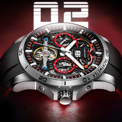 Mark Fairwhale THERION Crimson Pulse – Red-accent automatic watch for men with calendar display and luminous hands