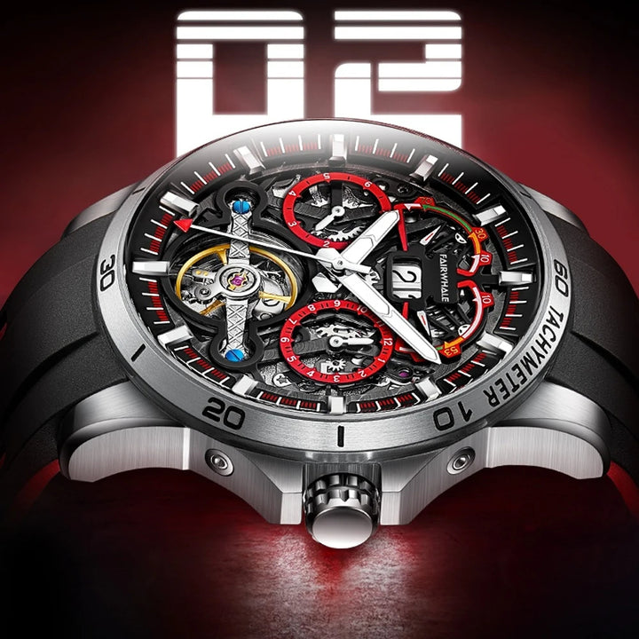 Mark Fairwhale THERION Crimson Pulse – Red-accent automatic watch for men with calendar display and luminous hands