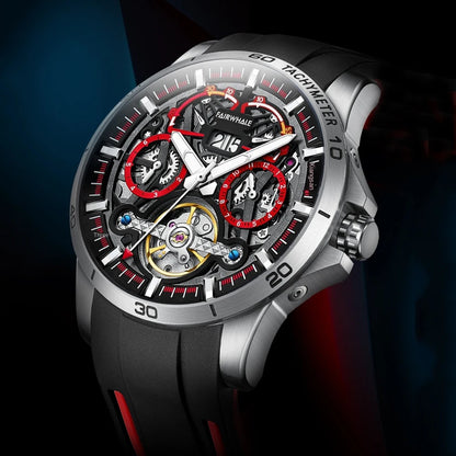 Mark Fairwhale THERION Crimson Pulse – Red-accent automatic watch for men with calendar display and luminous hands