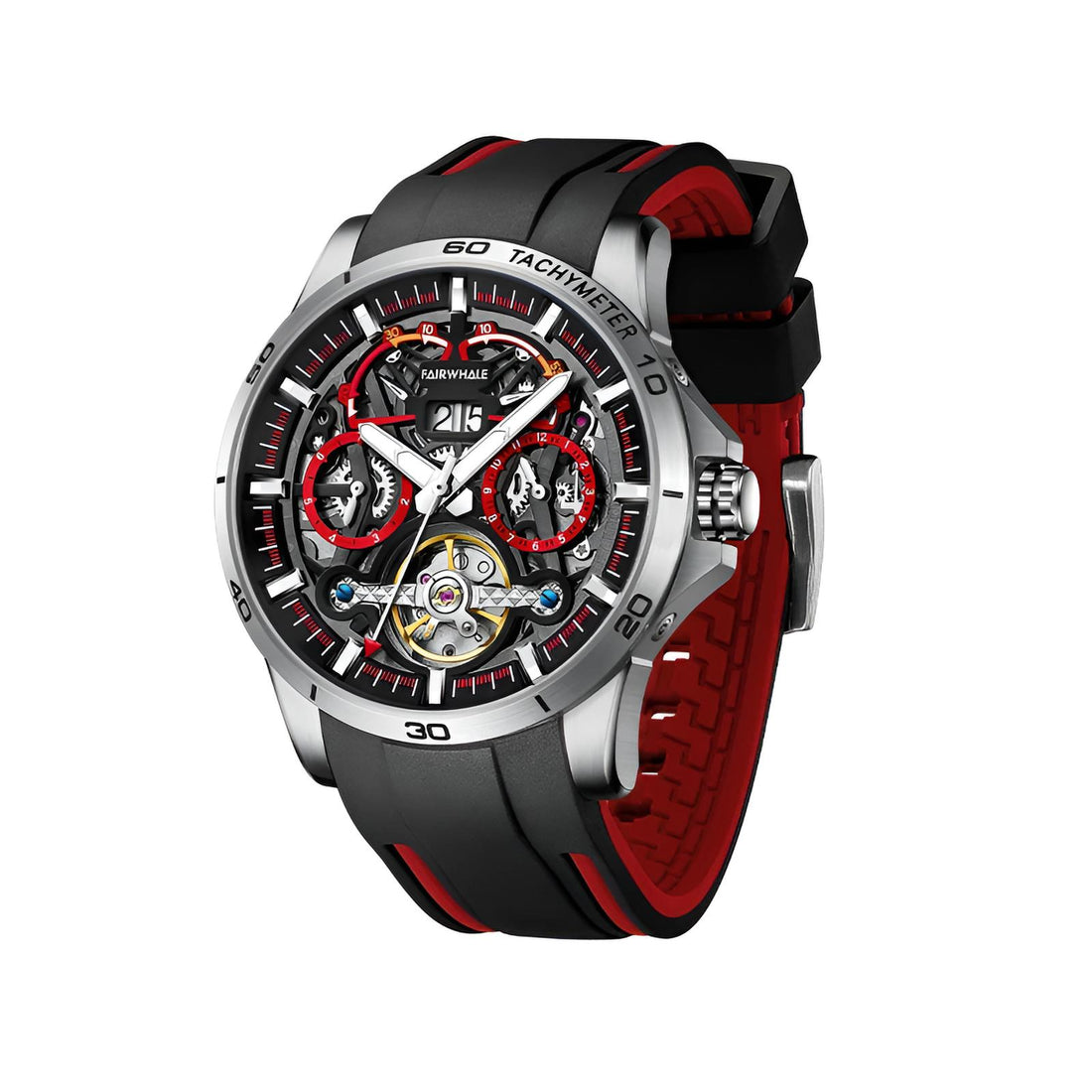 Mark Fairwhale THERION Crimson Pulse – Red-accent automatic watch for men with calendar display and luminous hands