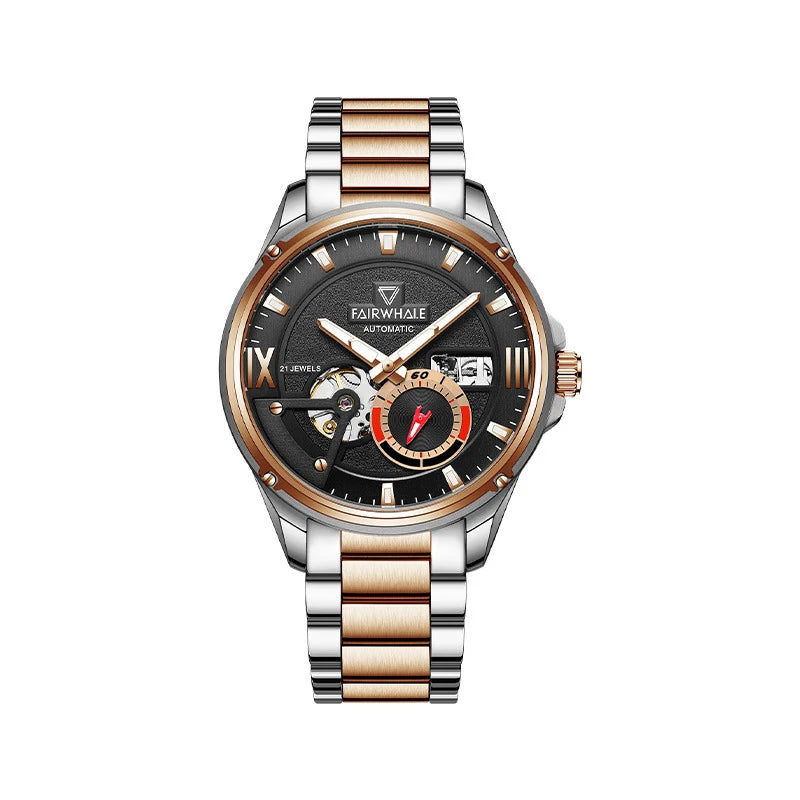 Mark Fairwhale THERION Eclipse Rose automatic skeleton watch, rose gold accents, 100M water resistant, stainless steel bracelet