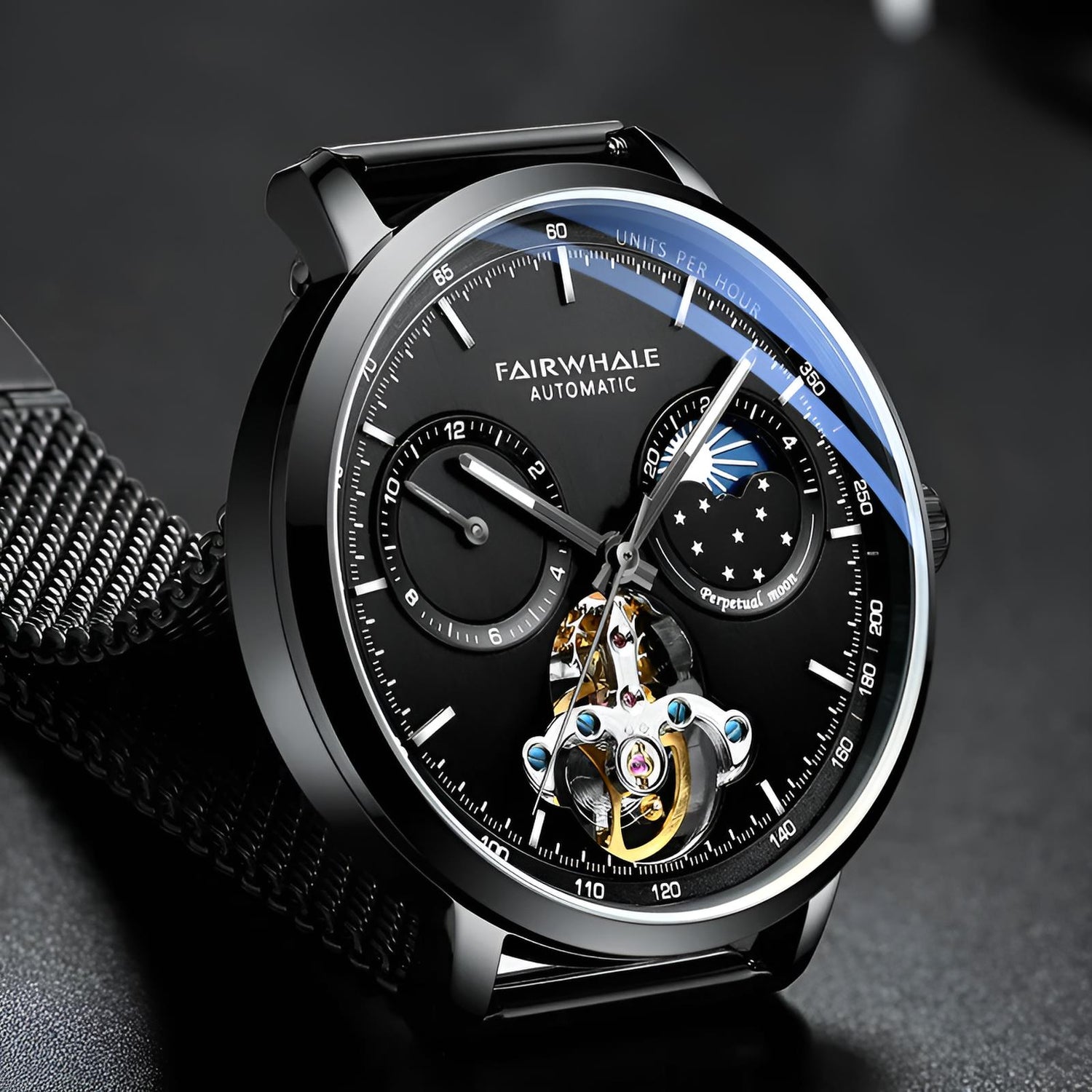 Mark Fairwhale THERIXIS Obsidian Forge – Black stainless steel skeleton watch with tourbillon and moon phase for men