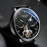 Mark Fairwhale THERIXIS Obsidian Forge – Black stainless steel skeleton watch with tourbillon and moon phase for men