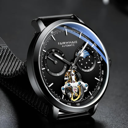Mark Fairwhale THERIXIS Obsidian Forge – Black stainless steel skeleton watch with tourbillon and moon phase for men
