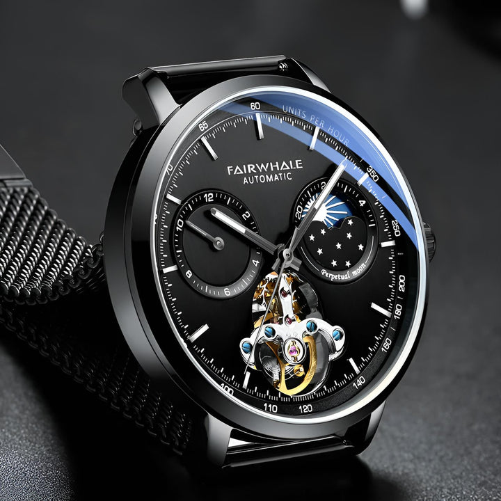 Mark Fairwhale THERIXIS Obsidian Forge – Black stainless steel skeleton watch with tourbillon and moon phase for men
