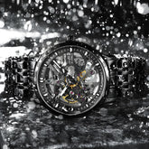 Mark Fairwhale THERIX Obsidian Frame – Black skeleton dial tourbillon automatic watch for men with stainless steel bracelet