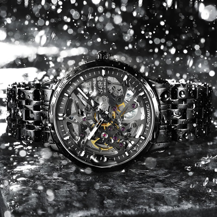 Mark Fairwhale THERIX Obsidian Frame – Black skeleton dial tourbillon automatic watch for men with stainless steel bracelet