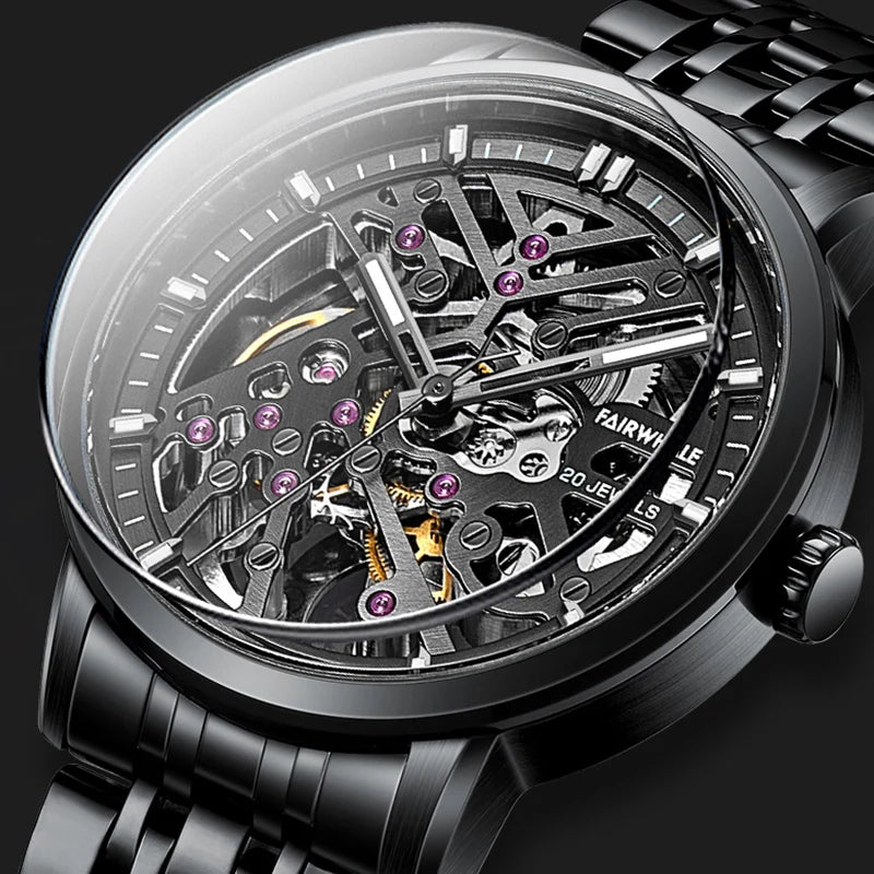 Mark Fairwhale THERIX Obsidian Frame – Black skeleton dial tourbillon automatic watch for men with stainless steel bracelet