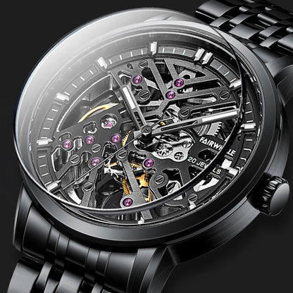Mark Fairwhale THERIX Obsidian Frame – Black skeleton dial tourbillon automatic watch for men with stainless steel bracelet