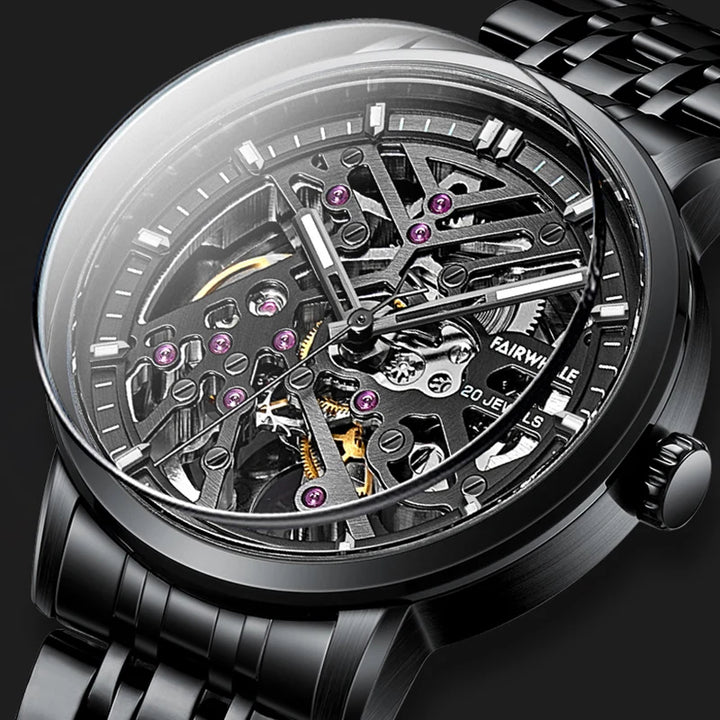 Mark Fairwhale THERIX Obsidian Frame – Black skeleton dial tourbillon automatic watch for men with stainless steel bracelet