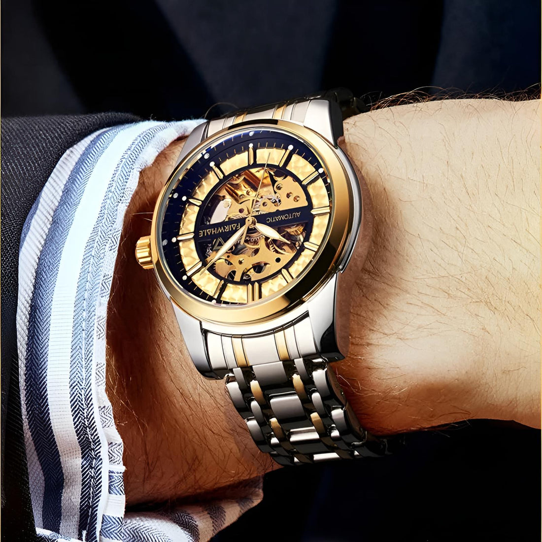 Mark Fairwhale THORIX Solar Frame – Black dial skeleton automatic watch for men with luminous hands and stainless steel case
