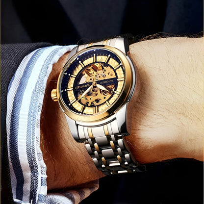 Mark Fairwhale THORIX Solar Frame – Black dial skeleton automatic watch for men with luminous hands and stainless steel case