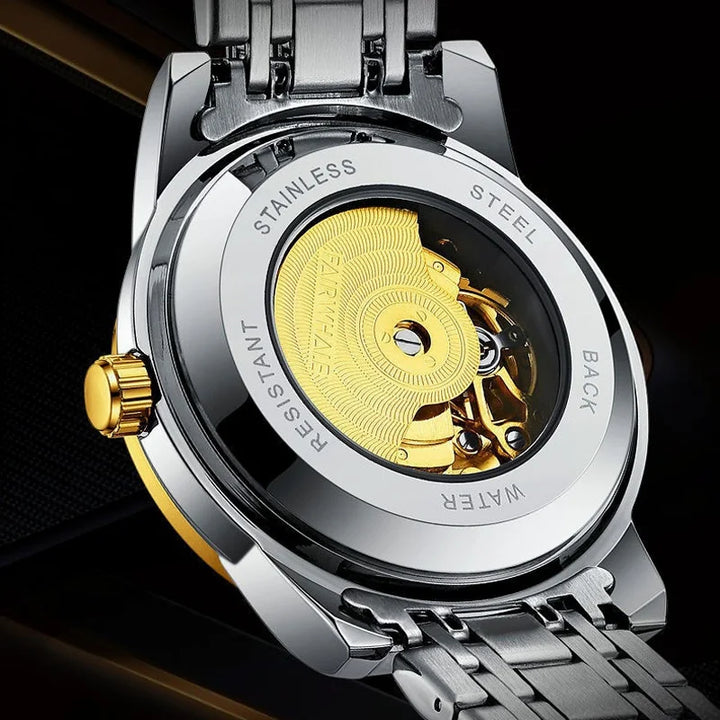 Mark Fairwhale THORIX Solar Frame – Black dial skeleton automatic watch for men with luminous hands and stainless steel case