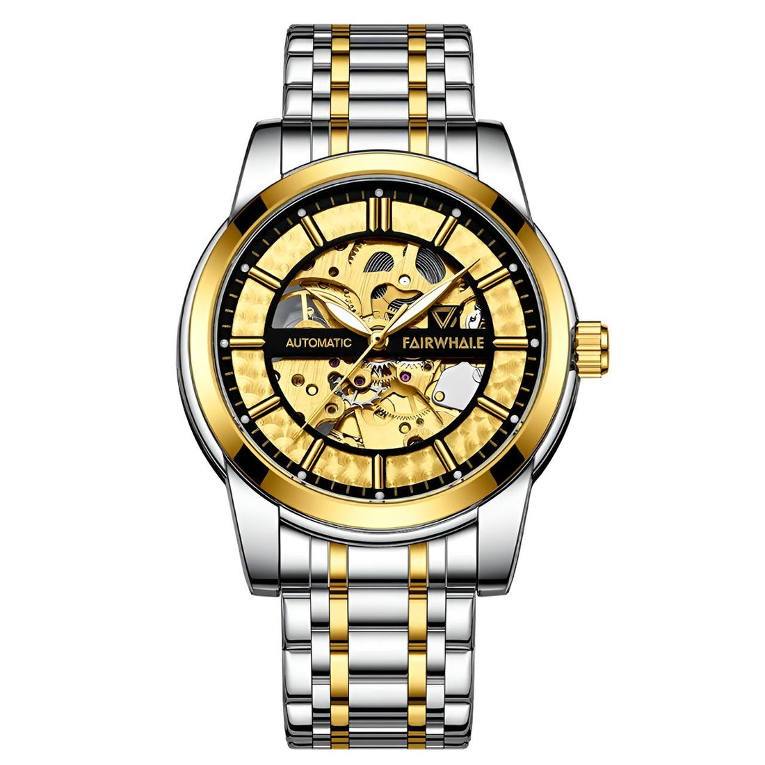 Mark Fairwhale THORIX Solar Frame gold black skeleton watch for men, automatic movement, luminous hands, stainless steel bracelet