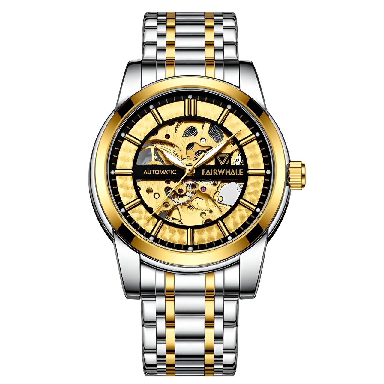 Mark Fairwhale THORIX Solar Frame gold black skeleton watch for men, automatic movement, luminous hands, stainless steel bracelet