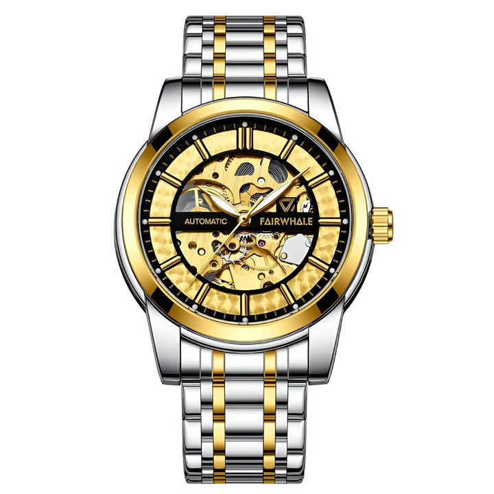 Mark Fairwhale THORIX Solar Frame gold black skeleton watch for men, automatic movement, luminous hands, stainless steel bracelet