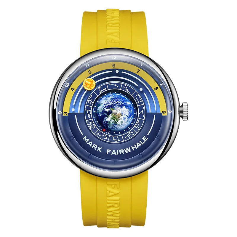 Mark Fairwhale THÉO Globe Dial Watch with Yellow Silicone Strap – Men’s Limited Edition
