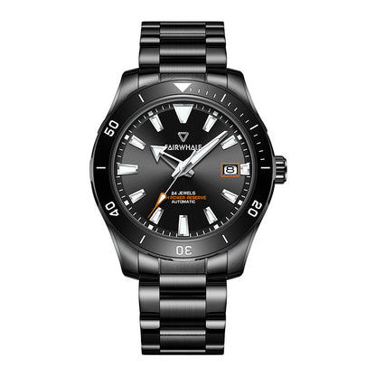 Mark Fairwhale TIDRON Obsidian Steel black automatic watch, 100M water resistant, luminous hands, stainless steel case