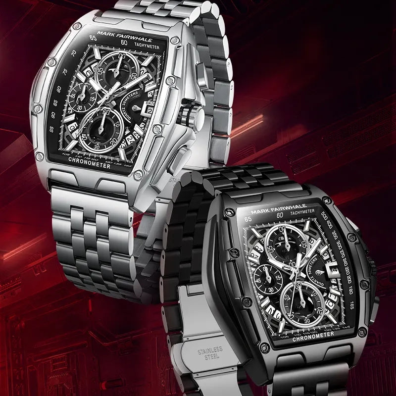 Mark Fairwhale TONIXORA 5080 stainless steel chronograph watches for men with luminous dial and bold tonneau design.