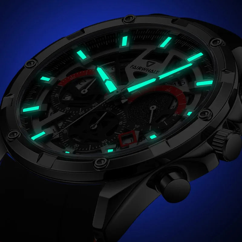 Mark Fairwhale TONIX sports chronograph glowing luminous hands in low light.
