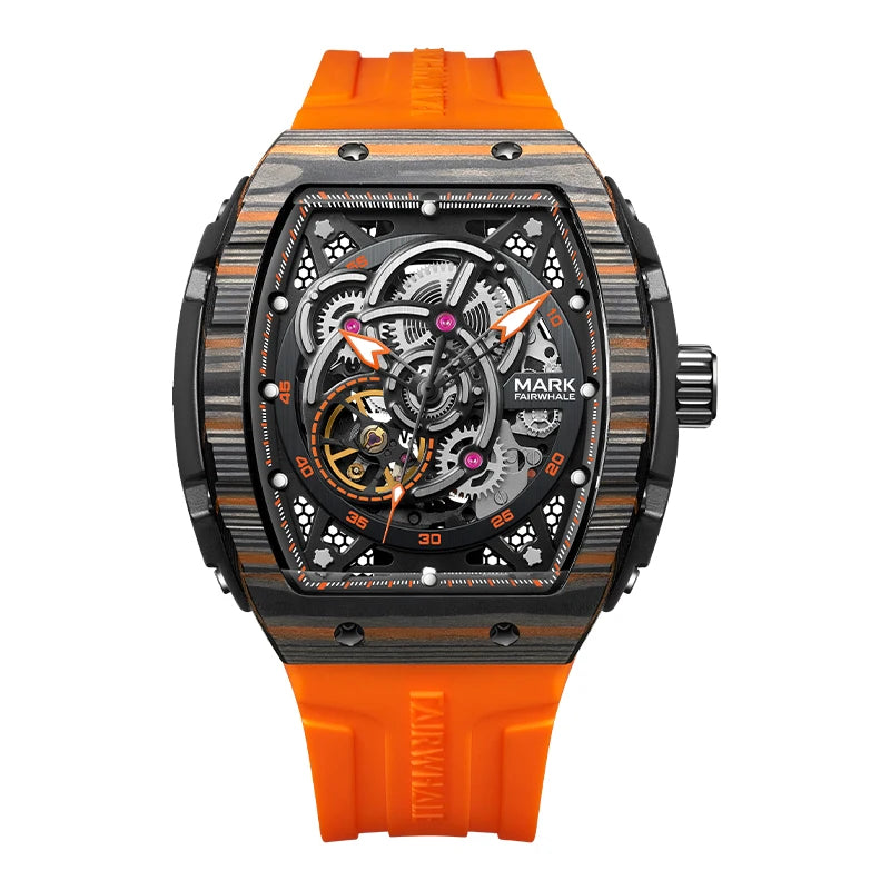 Mark Fairwhale TORVIS automatic watch – orange strap with skeleton tourbillon dial
