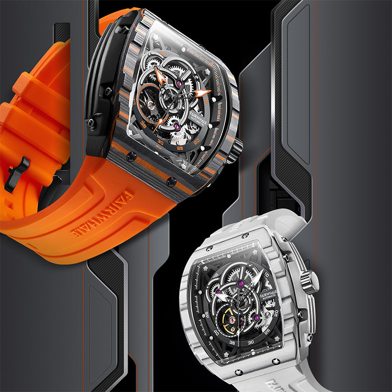Mark Fairwhale TORVIS duo watches  carbon fiber skeleton watch with orange strap and stainless steel skeleton watch with white strap side by side.
