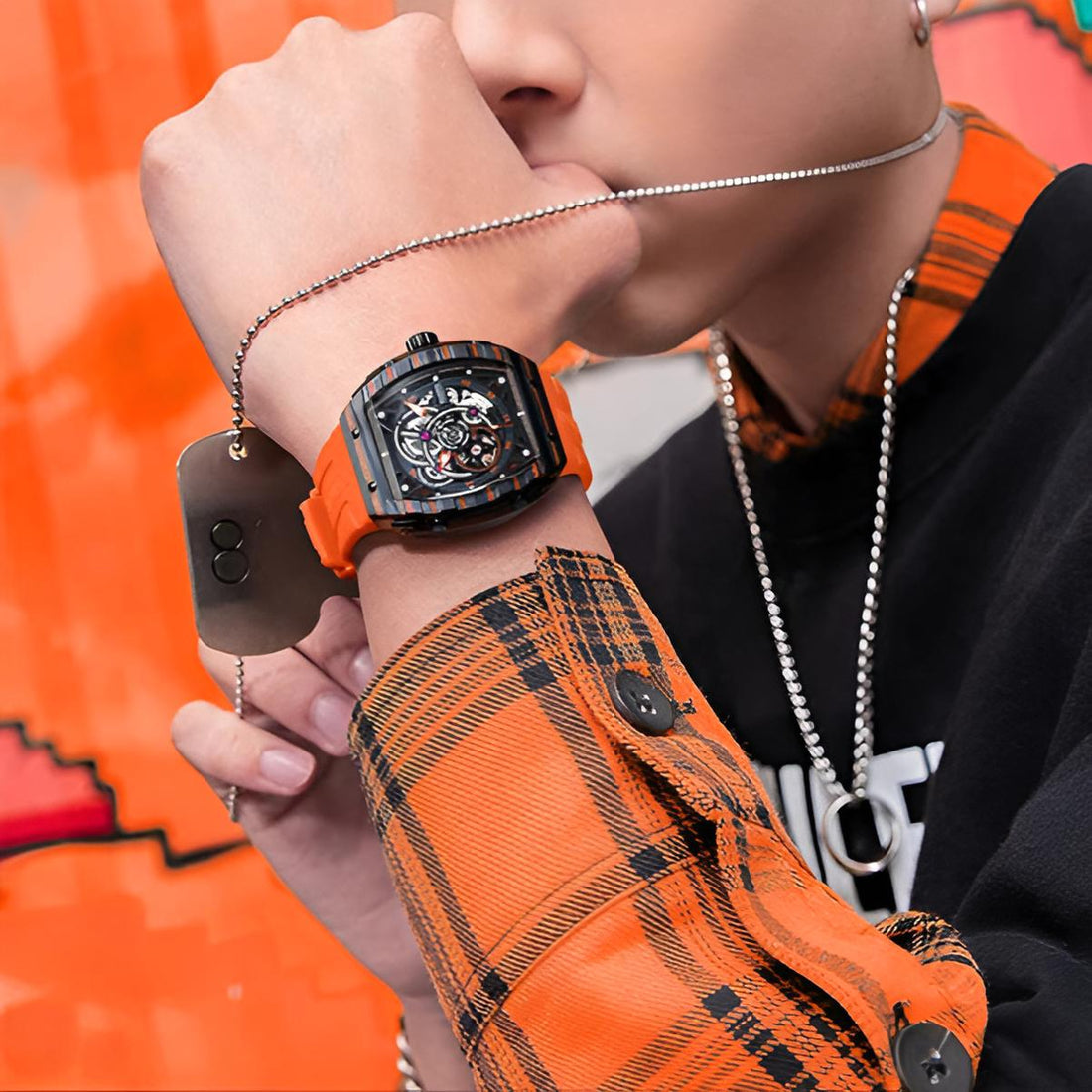 Mark Fairwhale TORVIS skeleton dial with orange rubber strap – bold modern design