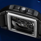 Mark Fairwhale TRENIX Obsidian Drive – Black stainless steel skeleton watch for men with high-grip silicone strap & luminous display