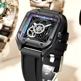 Mark Fairwhale TRENIX Obsidian Drive – Black stainless steel skeleton watch for men with high-grip silicone strap & luminous display