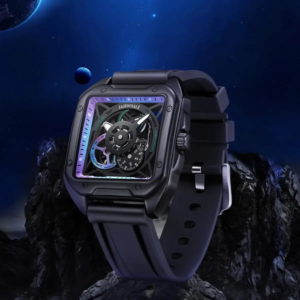 Mark Fairwhale TRENIX Obsidian Drive – Black stainless steel skeleton watch for men with high-grip silicone strap &amp; luminous display