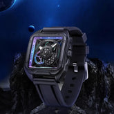 Mark Fairwhale TRENIX Obsidian Drive – Black stainless steel skeleton watch for men with high-grip silicone strap & luminous display