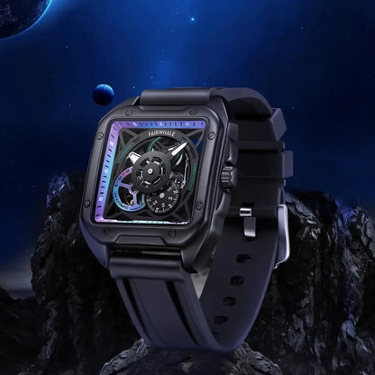 Mark Fairwhale TRENIX Obsidian Drive – Black stainless steel skeleton watch for men with high-grip silicone strap &amp; luminous display