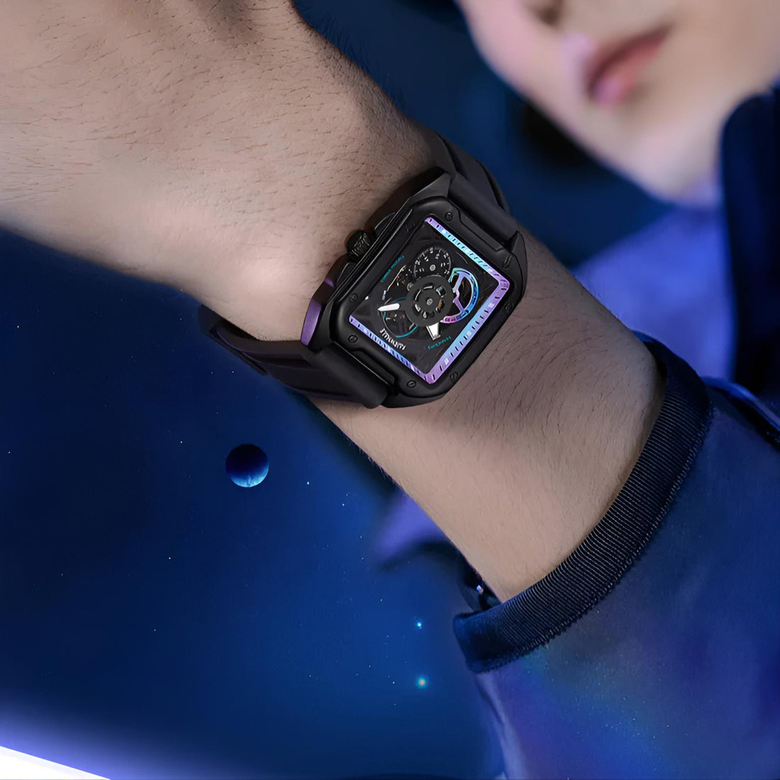 Mark Fairwhale TRENIX Obsidian Drive – Black stainless steel skeleton watch for men with high-grip silicone strap & luminous display