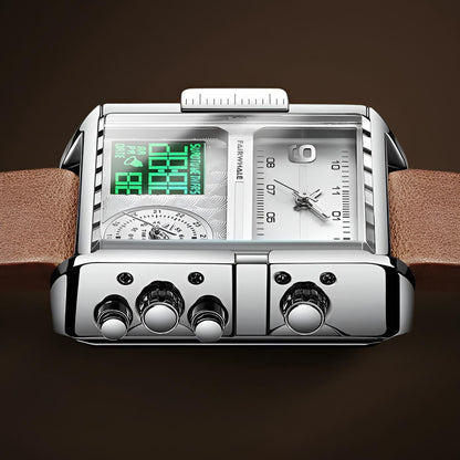 Mark Fairwhale TRICHRON FW-4270 quartz watch with LED digital display, leather strap, and waterproof design