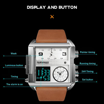 Mark Fairwhale TRICHRON FW-4270 quartz watch with LED digital display, leather strap, and waterproof design