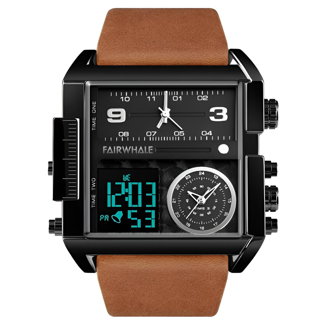 Mark Fairwhale TRICHRON FW-4270 quartz watch with LED digital display, leather strap, and waterproof design