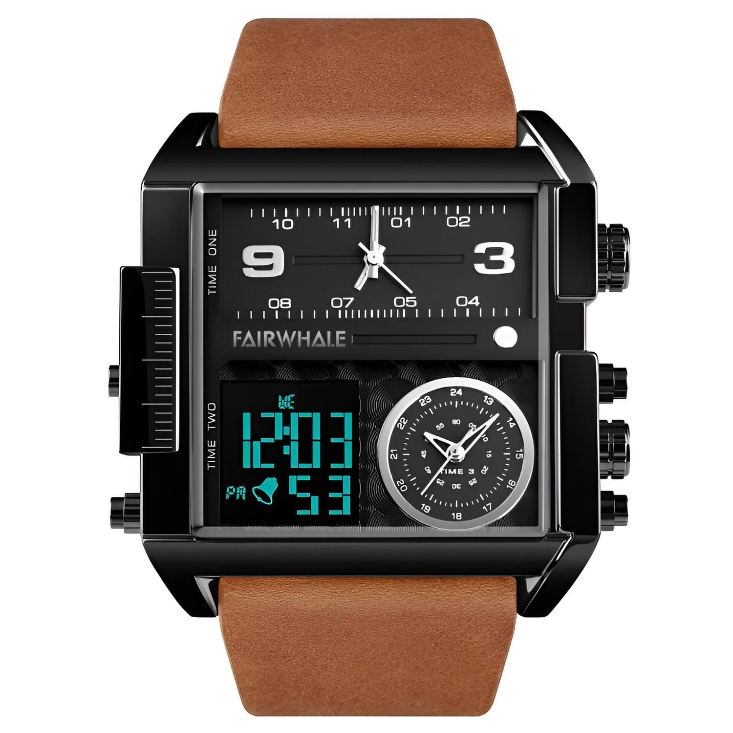 Mark Fairwhale TRICHRON FW-4270 quartz watch with LED digital display, leather strap, and waterproof design