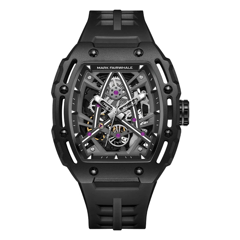 Mark Fairwhale FW-6650 TRIONATO skeleton tourbillon watch front view with black rubber strap.