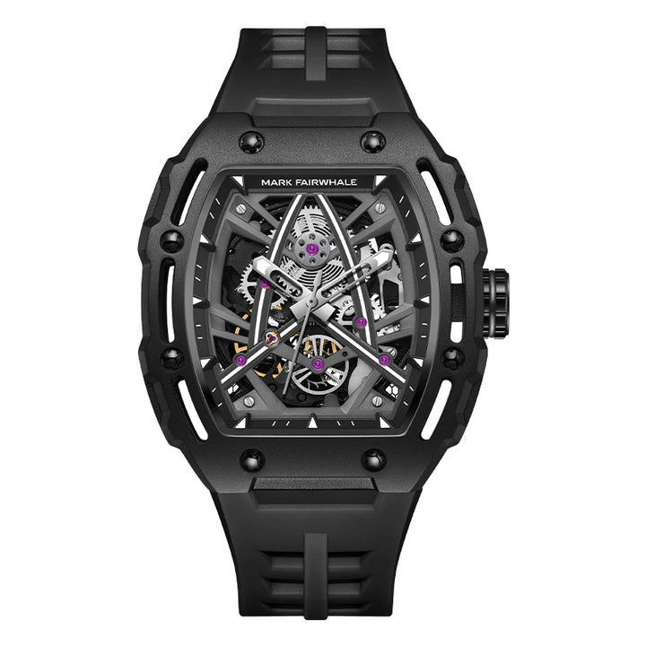 Mark Fairwhale FW-6650 TRIONATO skeleton tourbillon watch front view with black rubber strap.