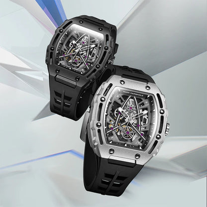 Mark Fairwhale FW-6650 TRIONATO skeleton tourbillon watches in black and silver editions side by side.