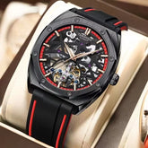 Mark Fairwhale TROVIX Crimson Surge – Red accent hollow tourbillon automatic watch with skeleton dial and sport rubber strap