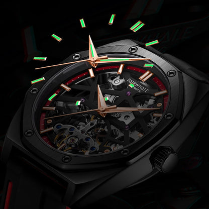 Mark Fairwhale TROVIX Crimson Lumionous Surge – Red accent hollow tourbillon automatic watch with skeleton dial and sport rubber strap