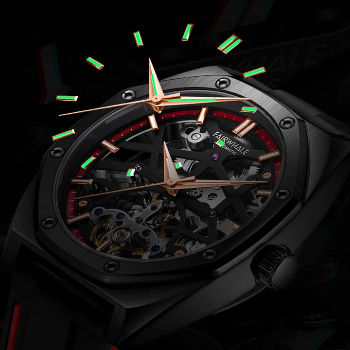 Mark Fairwhale TROVIX Crimson Lumionous Surge – Red accent hollow tourbillon automatic watch with skeleton dial and sport rubber strap