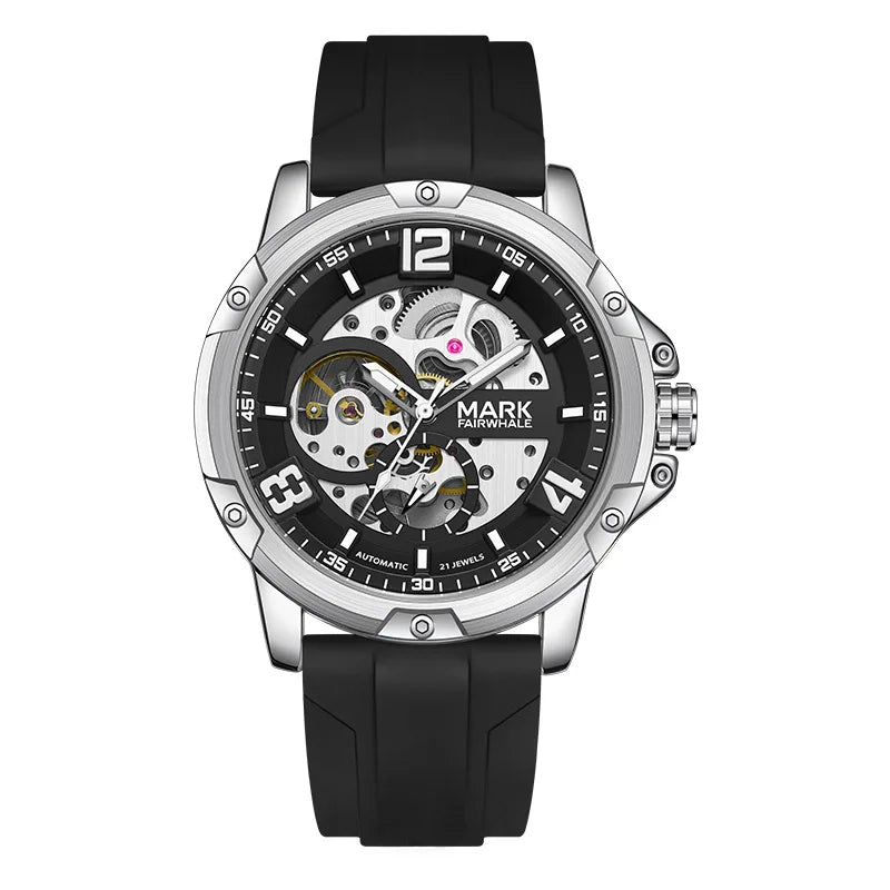 Mark Fairwhale TURBIX men’s skeleton automatic watch with black rubber strap, tourbillon-style dial, and stainless steel construction.