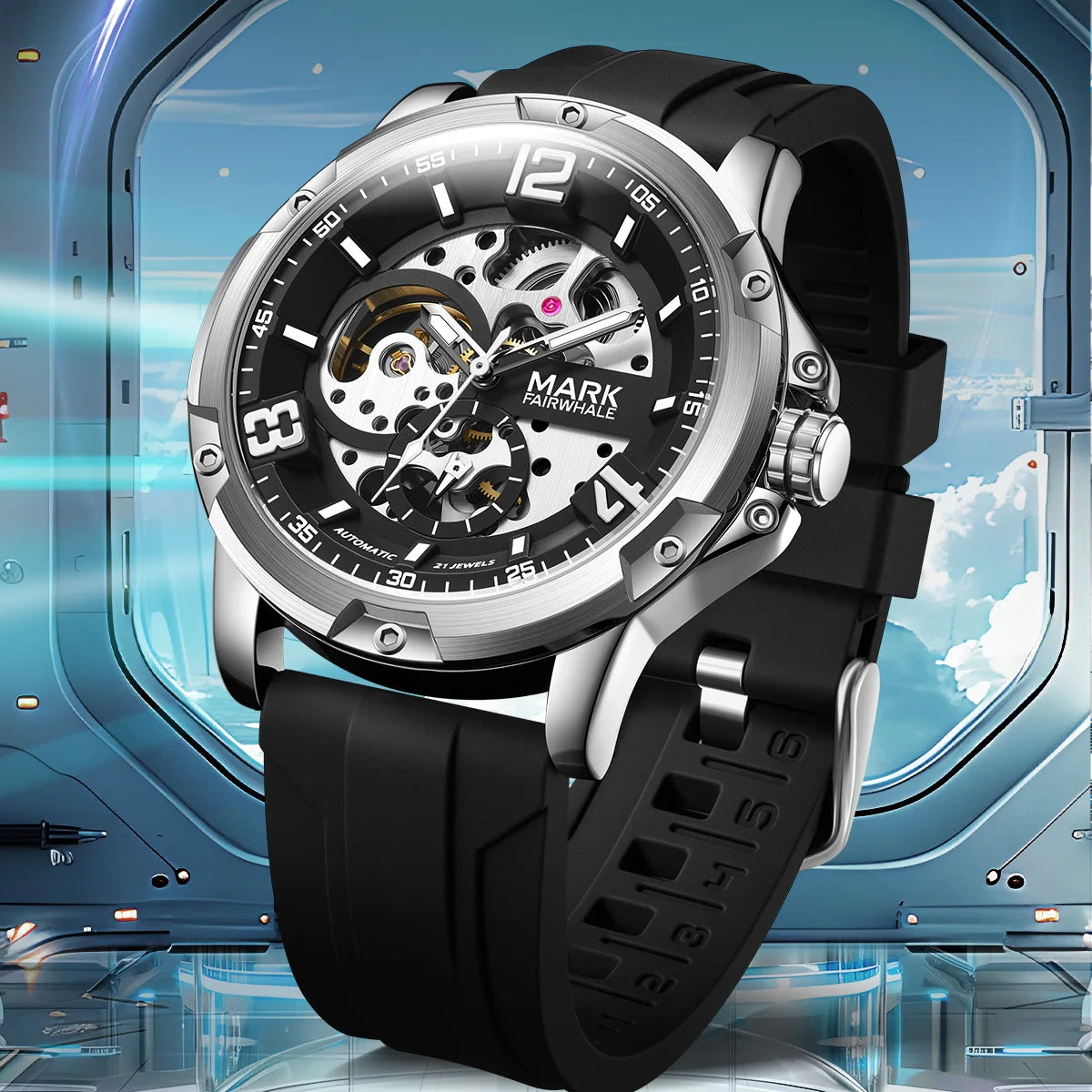 Mark Fairwhale TURBIX skeleton automatic watch with black rubber strap, stainless steel case, and bold open-worked dial.
