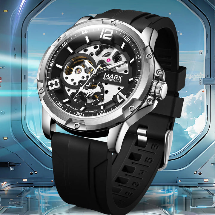 Mark Fairwhale TURBIX skeleton automatic watch with black rubber strap, stainless steel case, and bold open-worked dial.